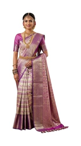 VFCollections Women's Traditional Handloom Kanchipuram Silk Pure Pattu Sarees – Instrumental Border | Rich Zari Woven Design | Bridal Saree | Unstitched Blouse (VFC691-4)