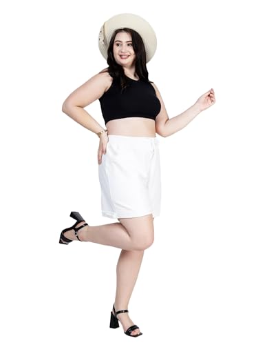 HAPPENING Plus Size Women Soft Self Cotton Denim Shorts -Length 16 inch- HIGH Rise- Peachich Pink/Snow White Color- Elastic Waist Size (L) 32 to (9XL) 50 inch (in, Alpha, L, Snow White)