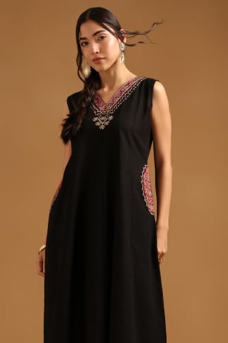 Soch Womens Black Cotton Flex Ethnic Motifs Dress with Thread Work