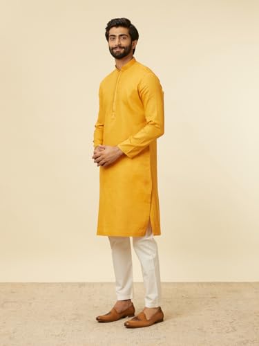 Manyavar Mustard Cotton Embroidery Kurta Pyjama Set