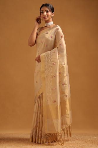 Soch Womens Beige Kota Floral Hand Embroidered Saree With Sequins