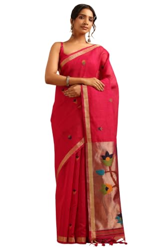 Soch Womens Fuchsia Organza Woven Design Saree