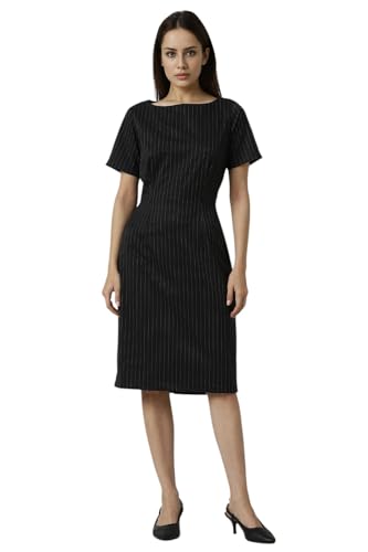 Women Black Stripe Knee Length Formal Dress