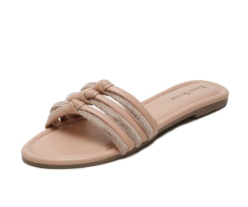 LOUIS STITCH Women's Fashion Flat Slip On Sandals | Open Toe Nude Stylish Flat Sandal for Ladies, Comfortable All day Wear Slipper | LSOF-LDSL-GLTSNU | UK-8