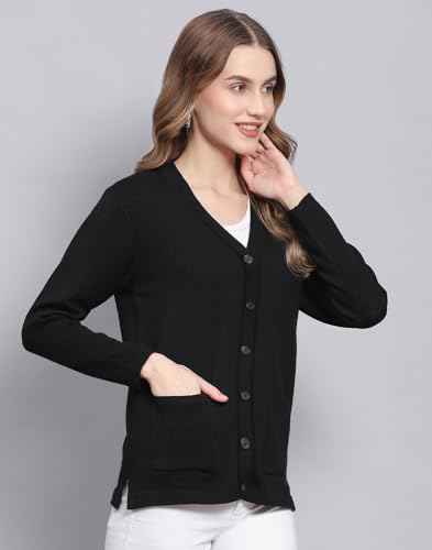 Monte Carlo Black Solid V Neck Sweater |Solid Pattern with Button Closure | Full Sleeve Cardigan for Women's