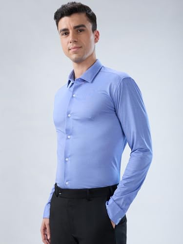 Park Avenue Men Slim Fit Structure Pattern Cotton Polyester Blend Short Collar Full Sleeve Round Hem Formal Shirt Medium Blue