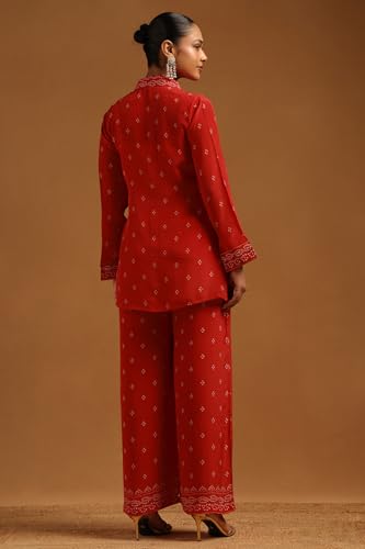 Soch Womens Red Crepe Bandhani Co-Ords Set With Beads