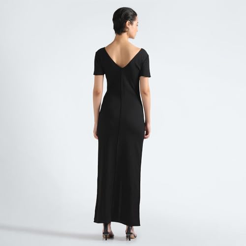 Calvin Klein Polyester Black Solid V Neck Short Sleeves Women Crinkle Maxi Dress (XS)