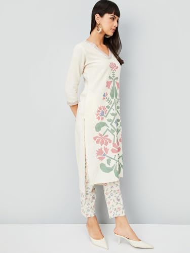 Max Women Floral Print Straight Kurta Set (Off White_XL)