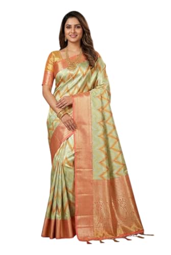 VFCollections Women's Traditional Handloom Kanchipuram Silk Pure Pattu Sarees – Wave Butta Allover | Rich Zari Woven Design | Bridal Saree | Unstitched Blouse