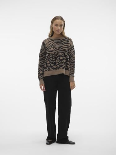 VERO MODA Women Animal Print Acrylic Regular Fit Brown Pullover Sweater