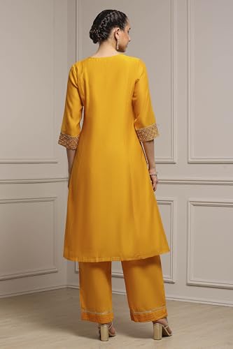 Biba Women Yellow Viscose Rayon A-Line Solid Suit Set_38