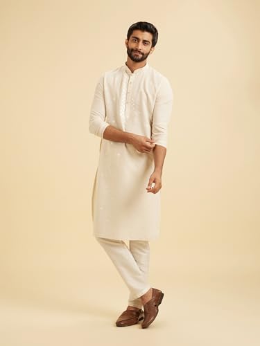 Manyavar Men's Linen Blend Thread Embroidered Casual Kurta Pajama Set (Cream,M)