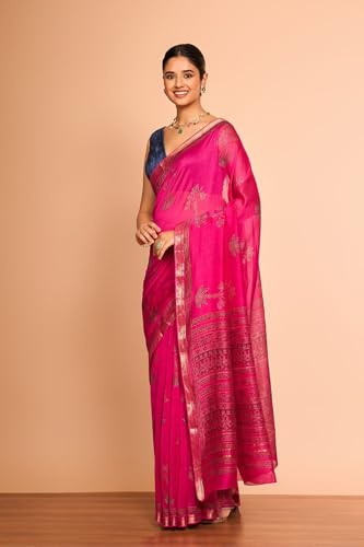 Taneira Women Pink Rajasthan Pure Silk Cotton Printed Sanganeri Saree with Unstitched Blouse Piece (SAPP01AC6734-Pink)