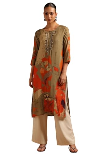 Soch Womens Olive Muslin Floral Print Kurta with Beads
