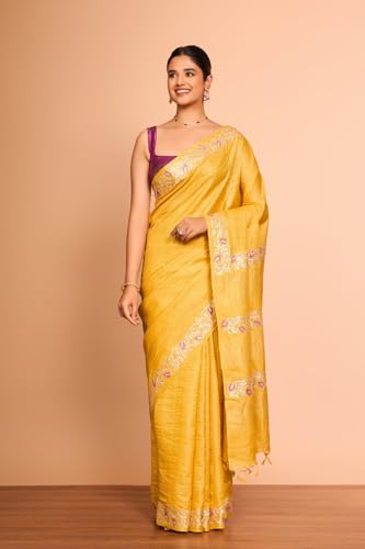 Taneira Women Yellow Embroidered Pure Tussar Silk Saree with Unstitched Blouse Piece (SAPP13AC2532-Yellow)