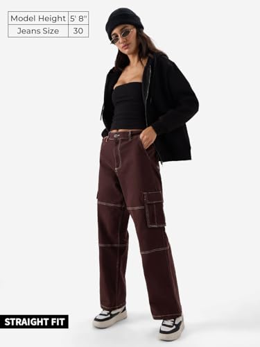 The Souled Store TSS Originals: Copper Women and Girls Straight Fit Cotton Cargo Jeans Women Jeans Bottoms Casual Lounge Pants Fashionable Outdoor Comfy Stretchy Breathable Lightweight Stylish Wide