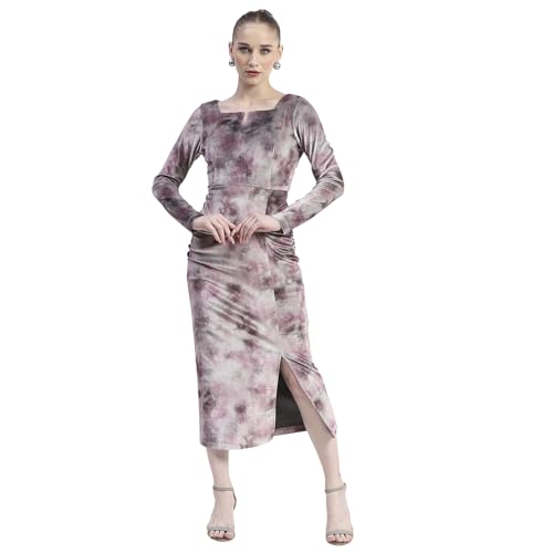 Madame Semi Sheer Side Slit Abstract Print Pink Dress