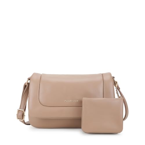 Fastrack Poppy Beige Sling | Beige | Faux Leather Crossbody Bag | Spacious Compartment with Organizer Pockets | Adjustable Strap | Coin Pocket Charm | Zipper & Magnetic Flap Closure