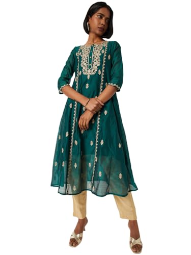 Max Women Embroidered A-line Kurta (Green_L)