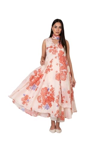 W for Woman Peach Floral Printed Chanderi Flared Kurta with Straight Pant and Dupatta Set (WS12803-125939-XL)