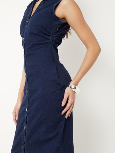Max Women Ruched Denim Shirt Dress (Blue_M)