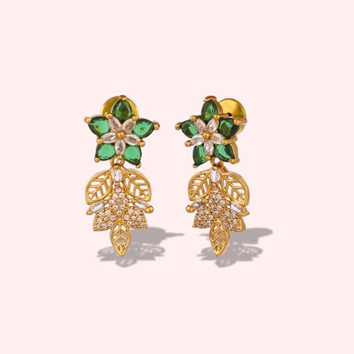ZYRA JEWELS Floral Choker Necklace Set and Earrings, American Diamond & Austrian Zircon Studded Micro Gold Plated Antique Polished Jewellery Set For Women and Girls (Emerald Green)