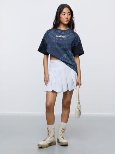 The Souled Store Desi Drop: Na Aadi Na Ant: Women and Girls Short Sleeve Round Neck Navy Blue Graphic Printed Cotton Breathable Streetwear Casual College Oversized T-Shirts