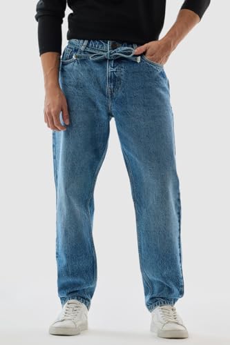 SNITCH Men's Clean Look Jeans | Casual Wear| College Street Wear Streetwear Style | Baggy Fit Button Blue