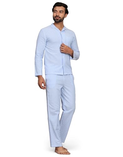 B STORIES Men's 100% Cotton Full Sleeve PJ Set - Blue Stripes Checkered Nightwear Set MWWPJ-001-24031 | Soft Loungewear | Comfortable Sleepwear | Stylish Casual Home Wear Shirt & Pant (2XL)