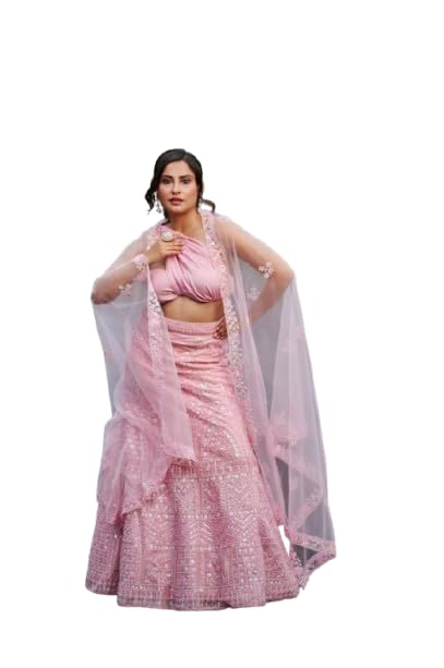 House of Bansal Lehenga Set, Blush Pink, Mirror Embellished