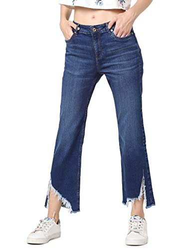 ONLY Women's High Rise Flared Jeans with Frayed Hemline Dark Blue