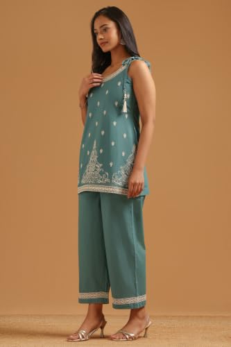 Soch Womens Teal Cotton Embroidered Ethnic Motifs Sequence Work Kurta Set