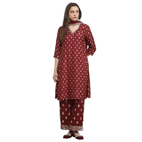 Biba Women Green-Maroon Viscose Gathered Yarndyed Suit Set_38
