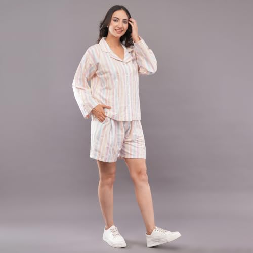 felrio Women's Stripe Lounge Co-Ord Set | Full Sleeve Button-Down Shirt & Matching Shorts Set | Soft Casual Loungewear Nightwear Co-Ord Outfit for Women | White Multi Stripe (XL)
