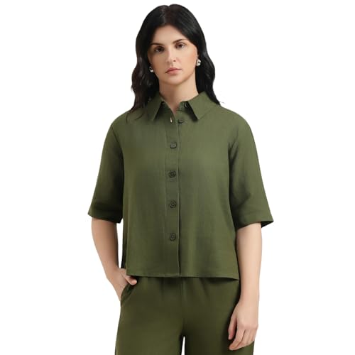 United Colors of Benetton Regular Fit Spread Collar Solid Shirt (Size : XS) - 26P5BML5QB75GOL2 Olive