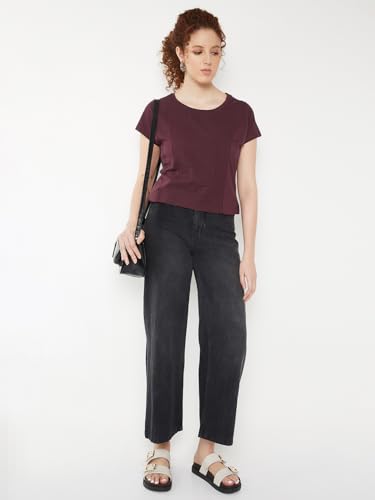 Max Women Embroidered Panel T-Shirt (Burgundy_M)