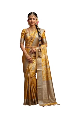 VFCollections Women's Traditional Handloom Kanchipuram Silk Pure Pattu Sarees | Rich Zari Woven Design | Bridal Saree | Unstitched Blouse (VFC662-2)