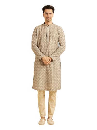 Manyavar Men's Cotton Blend Bandhani Prints & Sequined Kurta Pajama Set (Olive Green,S)