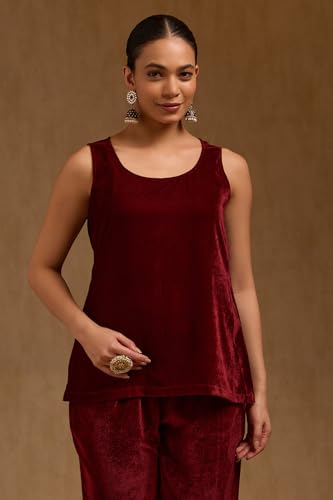 Soch Womens Maroon Velvet Solid Co-Ord Set With Zari