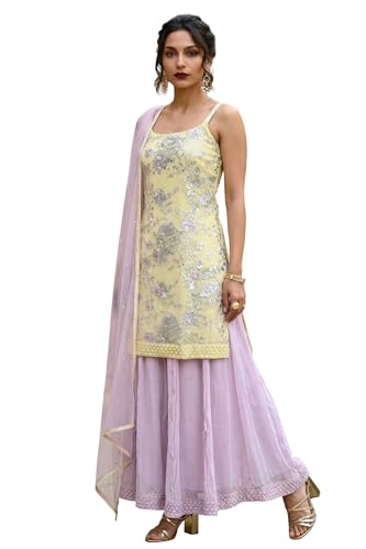 Wishful Women’s Yellow Zari Embroidered Straight Sleeveless Kurta with Cullotes and Dupatta Set - (SP11510-401090-XL)