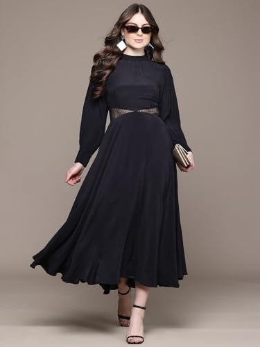 Label RITU KUMAR Round Neck Solid Long Dress Black