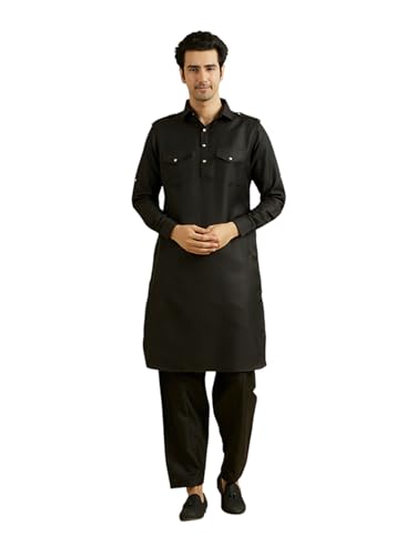 Manyavar Men's Rayon Blend Solid Pathani Kurta Churidar Set (Black,XL)