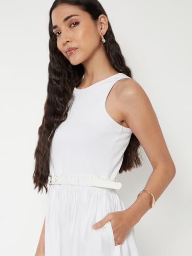Max Women Solid A-line Midi Dress with Belt (Off White_S)