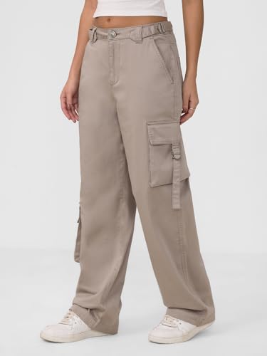 The Souled Store Cotton Pants: Taupe Women and Girls Buttoned Cotton Straight Fit Cargo Pants