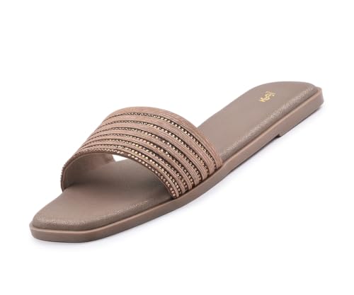 LOUIS STITCH Women’s Champagne Gold Elegant Flat Sandals with Rhinestone Studded Straps | The Embellished Series | Luxury Comfort Slip-On Flats for Women | Perfect for Travel, Casual & Daily Wear | LSLD-FL05-BR | UK-8
