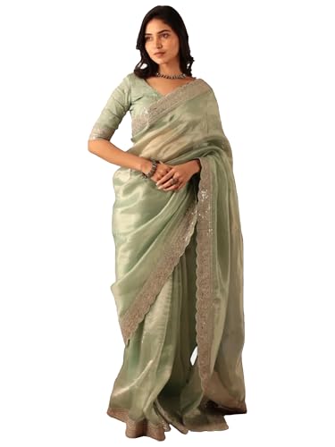 AKHILAM Women's Sea Green Organza Embellished Saree With Unstitched Blouse Piece (BITTI651_JR)