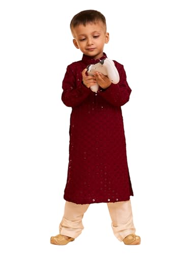 Manyavar Boys Viscose Chikankari Sequinned Kurta Pyjama Set (Maroon,2-3Y)