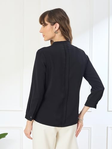 Latin Quarters Women's Black 3/4th Sleeves Mandarin Neck Casual Embellished Tunic_L