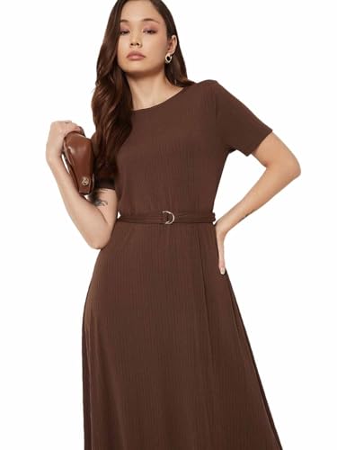 Max Women Textured A-line Belted Dress (Brown_L)